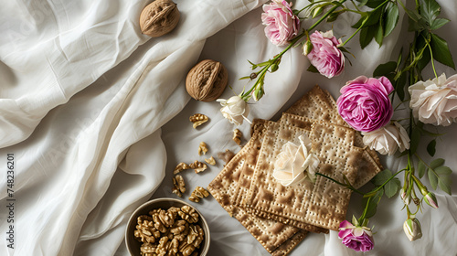 Matzah, walnuts and roses on a white cloth, Passover