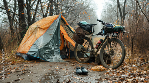 Bicycle Parked Next to Tent in Woods