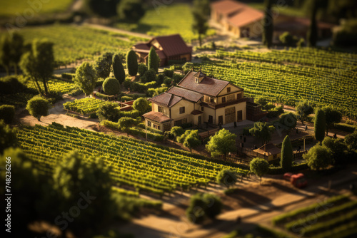 A tilt shift lens on an aerial view of a vineyard diorama makes a stunning, detailed miniature world