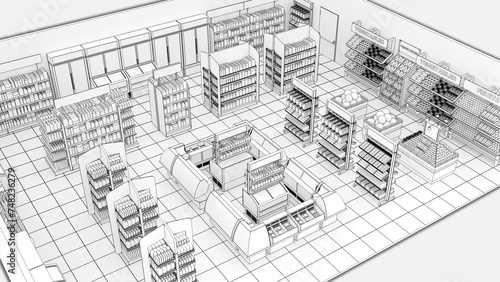 Drawing of grocery store isometric view with racks of blank goods. 3d illustration on white background