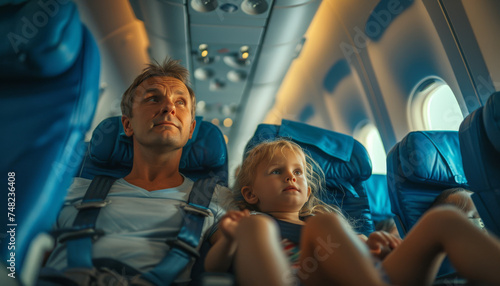 Family Travel: Parents Buckling Children in Airplane Seats for Safety 