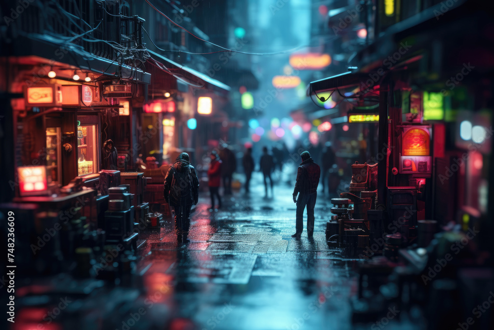 Fototapeta premium A tilt shift revealing the vibrant yet gritty life of night city slums, illuminated by neon signs and shrouded in mystery