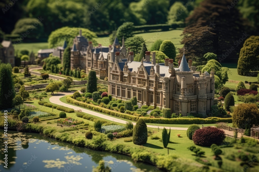 A breathtaking diorama showcasing a grand manor surrounded by meticulously landscaped gardens, tilt shift perspective