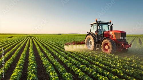 Farming tractor spraying plants in a field.