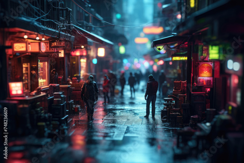 A tilt shift revealing the vibrant yet gritty life of night city slums, illuminated by neon signs and shrouded in mystery © gankevstock