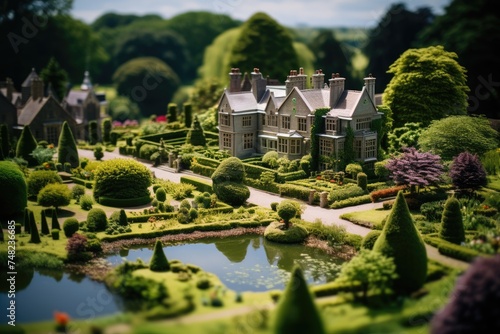 Victorian manor diorama with its expansive, beautifully landscaped gardens, all presented in exquisite detail through the art of tilt shift