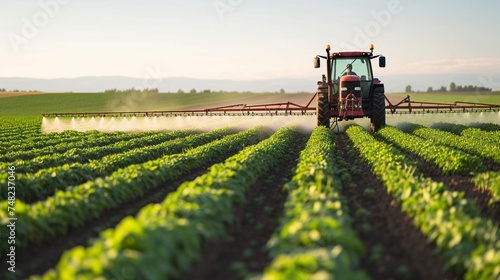 Farming tractor spraying plants in a field. © Ahtesham