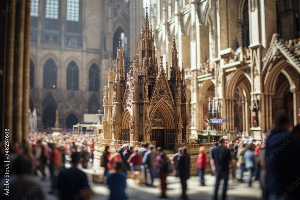 Diorama of a majestic cathedral, showcased within the grand confines of an actual cathedral. The exhibit, bathed in sunlight, attracts a large audience