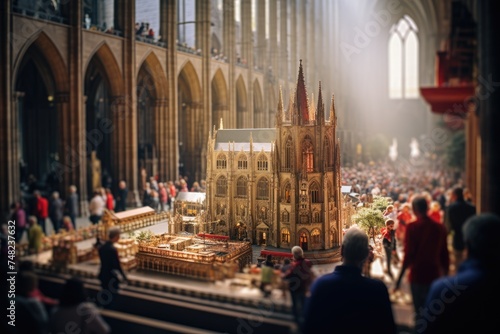 Diorama of a majestic cathedral, showcased within the grand confines of an actual cathedral. The exhibit, bathed in sunlight, attracts a large audience © gankevstock