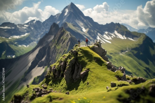 Group of miniature adventurers atop a mountain summit, surrounded by majestic peaks, through the magic of tilt-shift photography