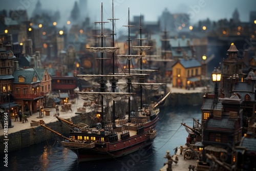 An exquisite diorama showcasing a majestic ship docked in a bustling town harbor, illuminated by twilight, captured with a tilt-shift lens
