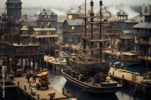 An exquisite diorama showcasing a majestic ship docked in a bustling town harbor  illuminated by twilight  captured with a tilt-shift lens