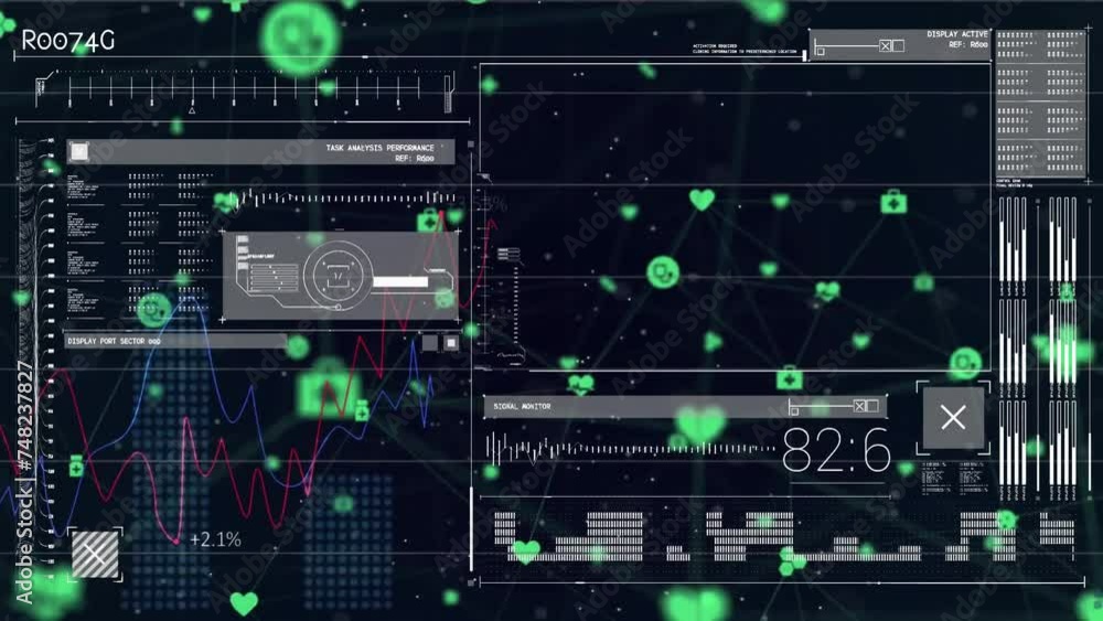 Animation of icons and data processing over screens Animation of icons and data processing over screens