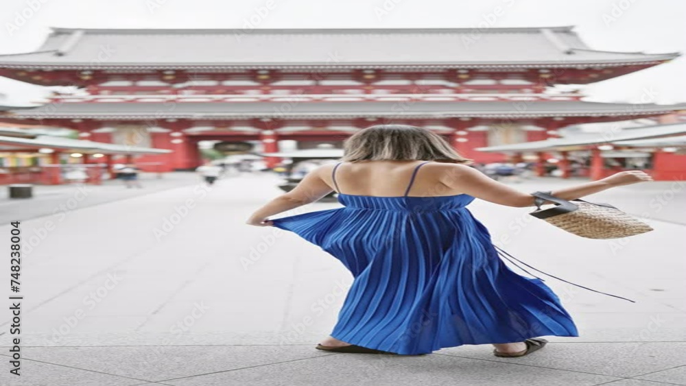 Effervescent hispanic woman dances joyfully, spinning in beautiful dress amidst senso-ji temple's splendid architecture in tokyo. touring japan, she exudes happiness in urban vacation adventure. Effervescent hispanic woman dances joyfully, spinning in beautiful dress amidst senso-ji temple's splendid architecture in tokyo. touring japan, she exudes happiness in urban vacation adventure.
