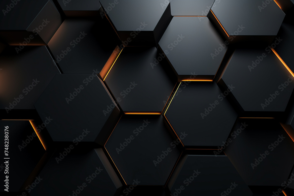 Abstract hexagon geometry background. 3d render of simple primitives with six angles in front. Dark - obrazy, fototapety, plakaty 