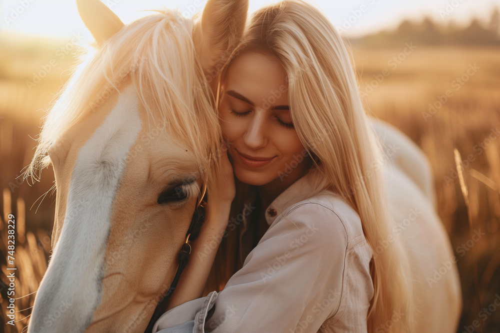 Young cute happy joyful satisfied smiling woman with closed eyes enjoying of hugging and stroking beautiful blond palomino horse at meadow at sunset - obrazy, fototapety, plakaty 