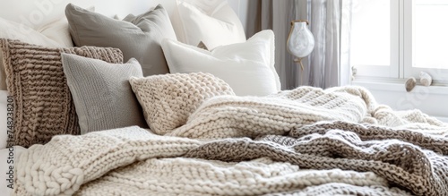 A bed adorned with a knitted blanket and soft pillows arranged neatly on top, creating a cozy and inviting bedroom setting.