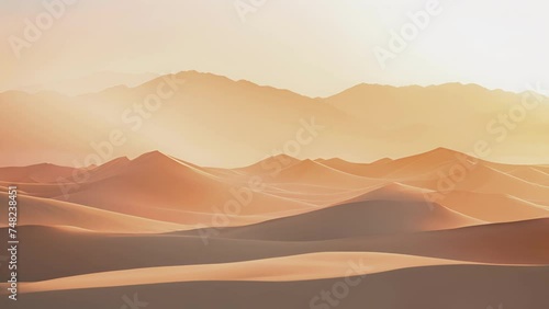 A muted pastel backlit sky against a landscape of bold desert dunes. photo