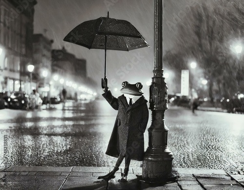 Rainy Night Rendezvous: Frog with Umbrella on City Street Corner photo