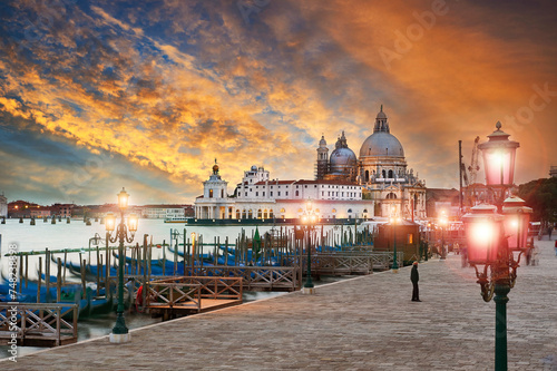 Gondolas with the Basilica of Santa Maria della Salute in the background, Venice, Italy.