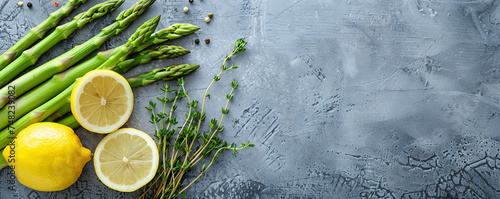 Crisp asparagus spears, lemon slices, and thyme on a minimalist gray backdrop. Top view space to copy.