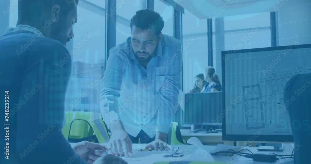 Animation of financial data processing over diverse business people in office Animation of financial data processing over diverse business people in office