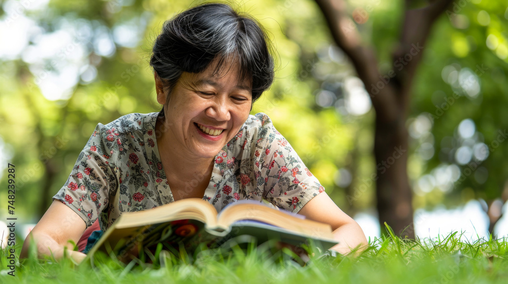 Cheerful Asian woman enjoying a book in a lush park Cheerful Asian woman enjoying a book in a lush park