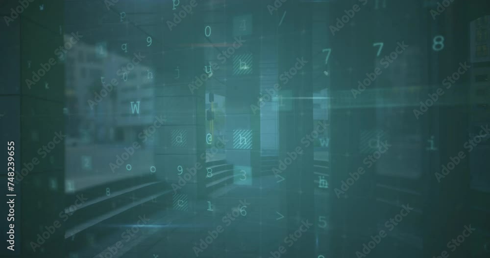 Animation of financial data processing over building in city Animation of financial data processing over building in city