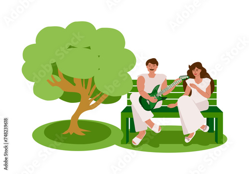 A man plays the guitar, a woman listens. A family, a young couple in love, a man and a woman, sit on a park bench near a tree in the summer. Love, date, relaxation. Vector cartoon illustration.