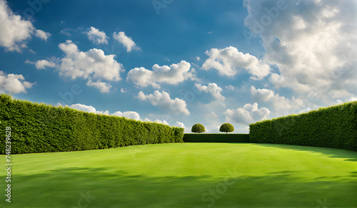 Wide lawn trimmed with precision under a blue sunny sky © karandaev
