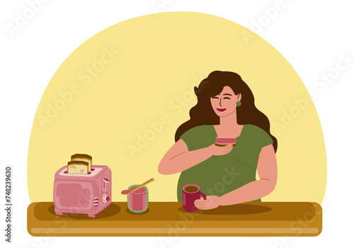 A pregnant young woman has breakfast, drinks tea and eats toast with jam. There is an electric toaster and a jar of jam on the table. Motherhood, pregnancy, healthy eating. Vector illustration