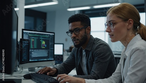 Diverse Young Colleagues Working on Computers in a Research Laboratory, Female Asking Advice from a Male Software Developer Colleague About a Solution for Their Collaborative Industrial Tech Project