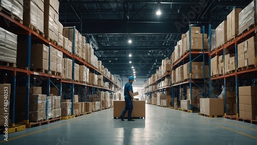 Futuristic Technology Retail Warehouse Worker Doing Inventory Walks when Digitalization Process Analyzes Goods, Cardboard Boxes, Products with Delivery Infographics in Logistics, Distribution Center 