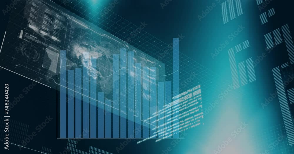 Animation of statistics and financial data processing over black background Animation of statistics and financial data processing over black background