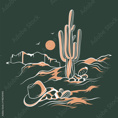 Vector illustration of landscape, sunset in the desert. Wild West with mountains and cactus, with a cowboy hat in the foreground. Flat linear illustration using three colors on a dark background