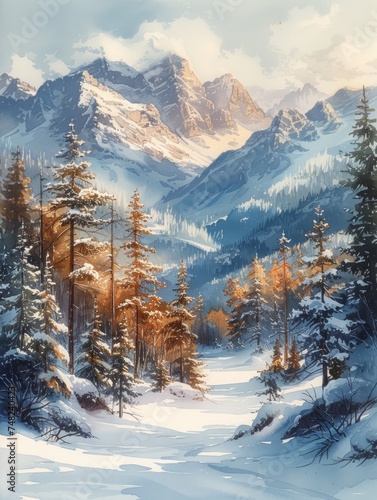 Winter Whimsy: Hand-Painted Forest Landscape with Christmas Tree Generative AI