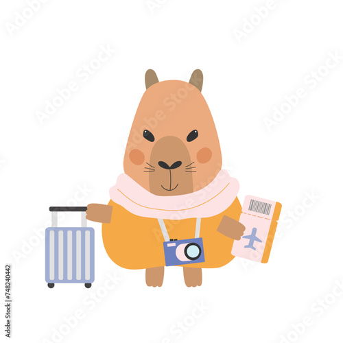 Cute happy capybara traveller. Сapybara with а suitcase on wheels, а camera and а ticket. Vector illustration.