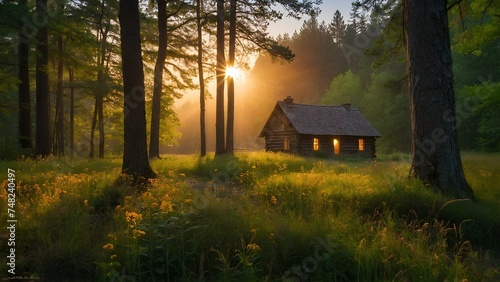 "As morning breaks through the golden light of dawn, a lone cottage stands amid a peaceful forest, its windows gleaming with a pleasant, inviting warmth. A meandering trail winds through an understory