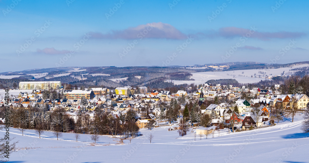 Panorama view Seiffen in Winter Saxony Germany ore mountains