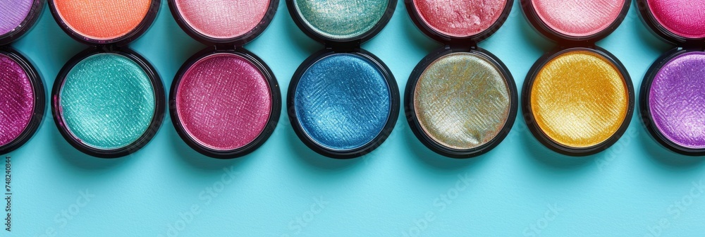 a row of many shining multi-colored eye shadows, a blue background, a horizontal banner for make-up, a poster for beauty and cosmetology, a place for text a row of many shining multi-colored eye shadows, a blue background, a horizontal banner for make-up, a poster for beauty and cosmetology, a place for text
