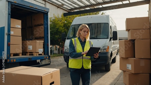 Outside of Logistics Retailer Warehouse With Female Manager Using Tablet Computer, Worker Loading Delivery Truck with Cardboard Boxes, Online Orders, Purchases, E-Commerce Goods, Merchandise
