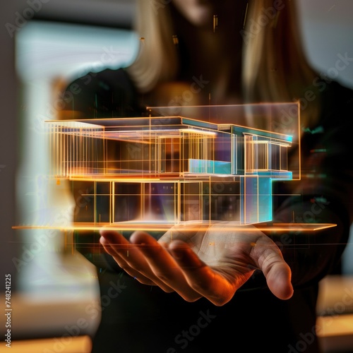 L'hologramme d'une maison d'habitation projeté au dessus d'une main d'une femme.