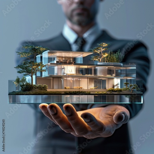 L'hologramme d'une maison d'habitation projeté au dessus d'une main d'un homme.