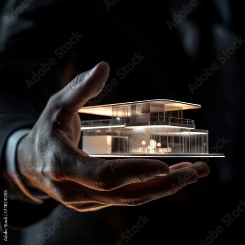 L'hologramme d'une maison d'habitation projeté au dessus d'une main d'un homme.
