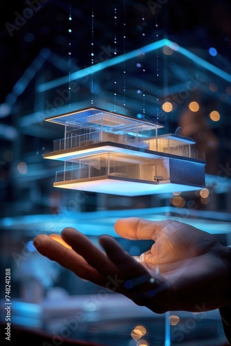 L'hologramme d'une maison d'habitation projeté au dessus d'une main d'un homme. photo