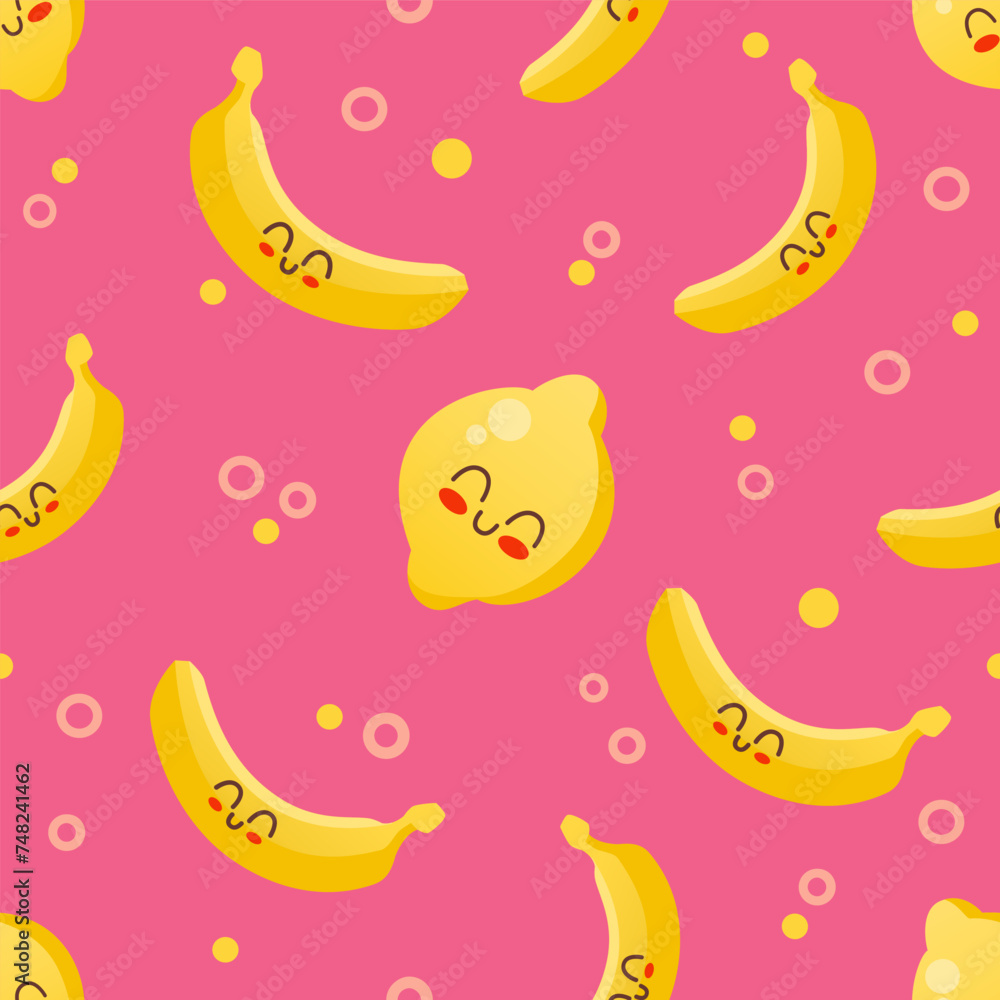 Vector seamless pattern with cheerful fruits, lemon and banana on a pink background
