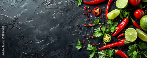 Freshly sliced red chili peppers, cilantro leaves, and lime wedges creating a spicy composition on a black stone background. Top view space to copy.