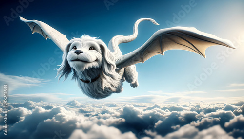 White Luck Dragon Soaring in Blue Sky with clouds photo