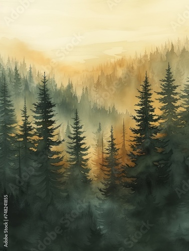 Serene Watercolor Pine Tree in Forest Landscape Generative AI