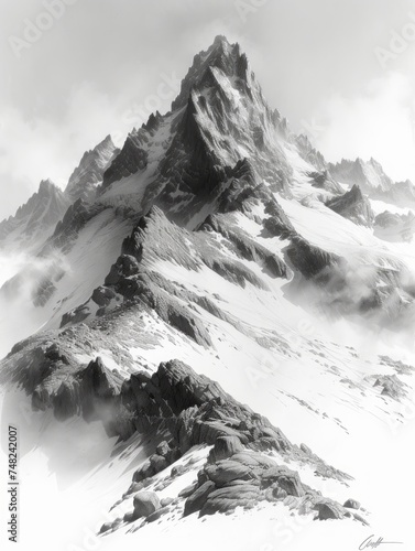 Graphic Pencil Sketch of a Mountain Landscape with Rocky Peaks Generative AI